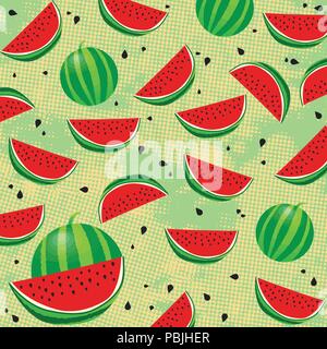Background pattern with watermelon and seeds on green background, vector illustration Stock Vector