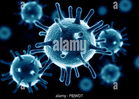 Close up image of virus cells flowing on dark background Stock Photo