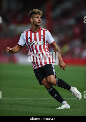 Emiliano Marcondes of Brentford during the pre-season friendly match at Griffin Park, London. PRESS ASSOCIATION Photo. Picture date: Saturday July 28, 2018. See PA story SOCCER Brentford. Photo credit should read: Daniel Hambury/PA Wire. RESTRICTIONS: No use with unauthorised audio, video, data, fixture lists, club/league logos or 'live' services. Online in-match use limited to 75 images, no video emulation. No use in betting, games or single club/league/player publications. Stock Photo