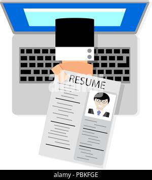 Job search online. Hand holding cv resume from screen laptop. Vector illustration. Job hunting and find a job, hiring and recruiting Stock Vector