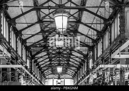 MADRID, SPAIN - AUGUST 27, 2017: Interior architectural detail of  'Mercado de San Miguel' (Market of San Miguel), popular among tourists Stock Photo