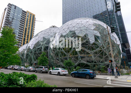 Seattle, Washington - June 30, 2018 : View of Amazon the Spheres at its Seattle headquarters and office tower in Seattle WA USA Stock Photo