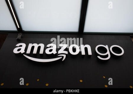 Seattle, Washington - June 30, 2018 : Close up on the Amazon Go store sign at the downtown Seattle Amazon headquarters Stock Photo