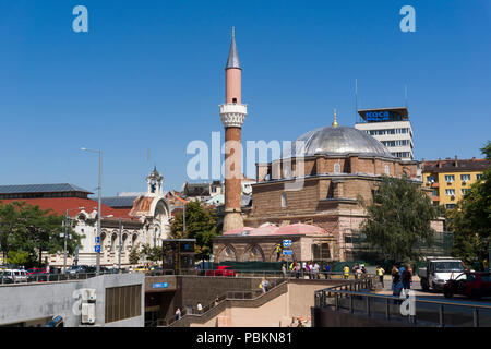 Banya Bashi Mosque in Sofia, Bulgaria. On the background the Central Market Stock Photo