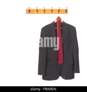 Mans grey suit jacket and tie on hanger, hung up and isolated on white. Retirement, redundancy concept or working late. Stock Photo