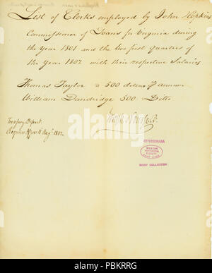 903 Letter from Joseph Nourse, Treasury Department, Register's Office, August 11, 1802 Stock Photo