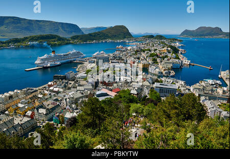 View from Aksla hill over Alesund and surrounding waters, Byrampen Viewpoint, More og Romsdal, Norway, Scandinavia, Europe Stock Photo