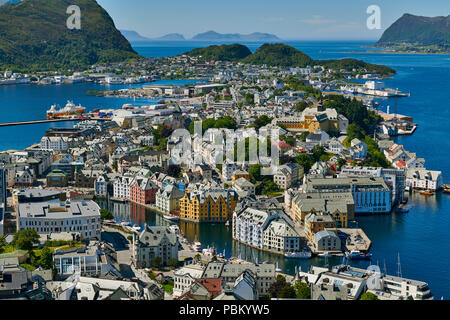 View from Aksla hill over Alesund and surrounding waters, Byrampen Viewpoint, More og Romsdal, Norway, Scandinavia, Europe Stock Photo