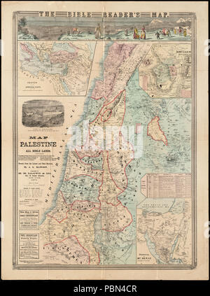 993 Map of Palestine and all Bible lands, containing the ancient and modern names of all known places, a table of seasons, weather, productions, etc., the journeys of the Israelites from Egypt, the world (10139457793) Stock Photo