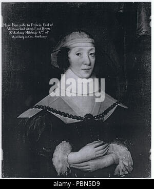 . English: Black & white reproduction of a 28 x 25 inch oil portrait of Mary Fane, wife to Francis, Earl of Westmorland, daughter and Heir to Sir Anthony Mildmay, Kt of Apethorp in County Northampton. circa 1625/26 ? 1002 Mary Fane, wife to Francis, Earl of Westmorland, daughter and Heir to Sir Anthony Mildmay, Kt of Apethorp in County Northampton Stock Photo