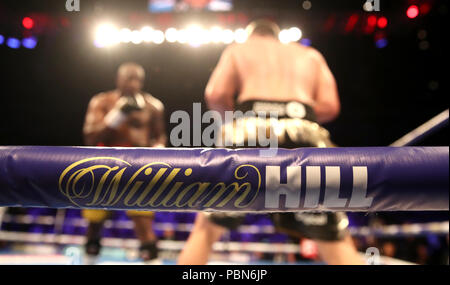A general view of William Hill branding on the ring ropes at the O2 Arena, London. PRESS ASSOCIATION Photo. Picture date: Saturday July 28, 2018. See PA story BOXING London. Photo credit should read: Nick Potts/PA Wire Stock Photo
