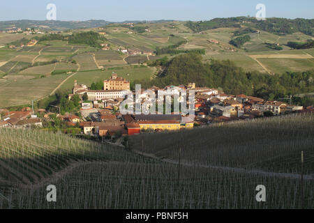 Distant view of the municipality of Barolo in the Piemonte region of northern Italy. Stock Photo