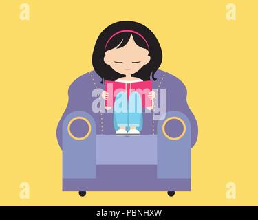 A cute young girl with brown hair sitting in a purple chair, holding her hands and reading a book in a room with a yellow background - vector Stock Vector