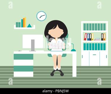 Young woman - doctor sitting in an office or surgery on a chair at a desk with a computer and scans the patient's cardiogram, green walls, filing cabi Stock Vector