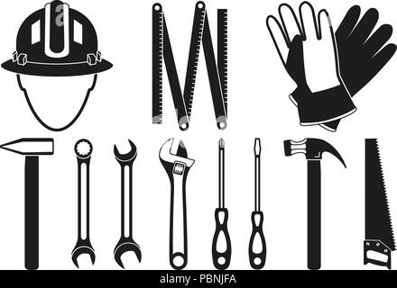 Black and white 11 handyman tools silhouette set Stock Vector