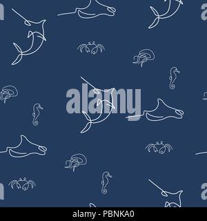 Marine inhabitan pattern seamless. Swordfish, crab, hippocampus, jellyfish, devilfish, ray, stingray. Vector illustration. Dark blue background. Stock Vector
