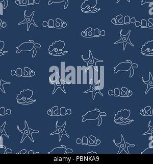 Marine life animal pattern seamless. Starfish, clown fish, calm pearl, turtle. Vector illustration. Dark blue background. Stock Vector