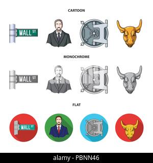 Wall Street, a businessman, a bank vault, a gold charging bull. Money and finance set collection icons in cartoon,flat,monochrome style vector symbol  Stock Vector