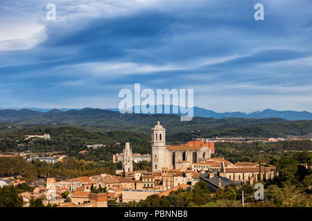 Catalonia landscape, view above Old Town of Girona city with Cathedral of Saint Mary of Girona. Stock Photo