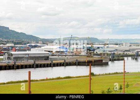 BELFAST, NI - JULY 14, 2016: Docks at the Titanic Quarter, Northern Ireland.  Belfast Harbour, known as Queen's Island until 1995 Stock Photo