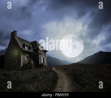 Apocalyptic Halloween scenery with old house and moon Stock Photo