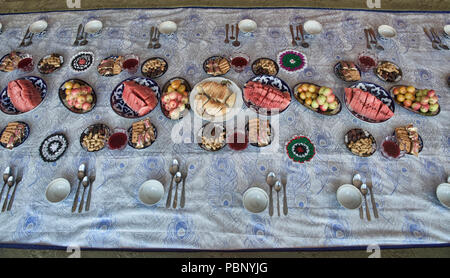 Traditional Kyrgyz welcoming snacks, Sary Mogul, Kyrgyzstan Stock Photo