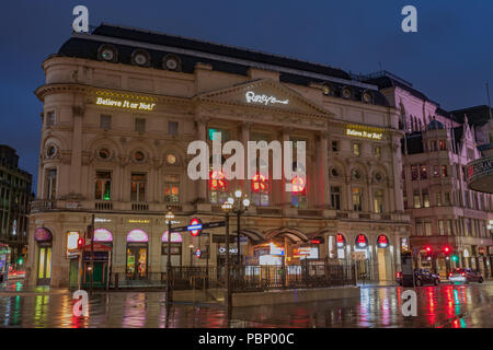 Piccadilly Circus, London-September 8,2017: Building of Ripleys museum in Piccadilly Circus in rainy early morning time on September 8, 2017 in London Stock Photo