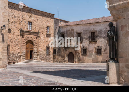 Caceres, Spain - july 13, 2018: Monument to San Pedro de Alcantara, made in 1954, located in the Plaza de Santa Maria, annexed to the church, Caceres, Stock Photo