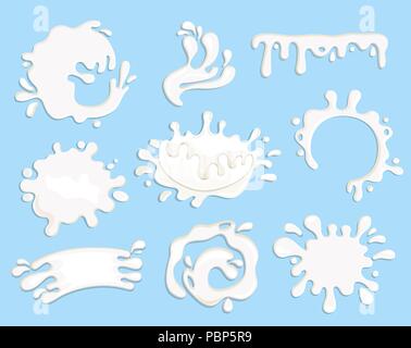 Set of nine milk, yogurt and cream splashes, drops and blots. Perfect elements for print, template, design. Vector illustration. Stock Vector