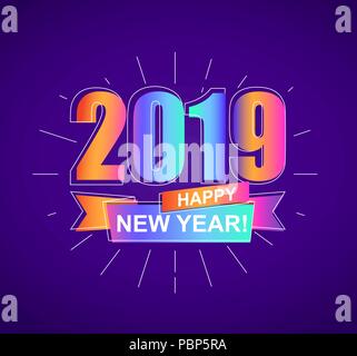 2019 Happy New Year. Colorful outline banner for new year holidays. Perfect for presentations, flyers and banners, leaflets, postcards and posters, your design. Vector illustration EPS10. Stock Vector