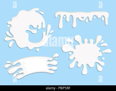 Set of four milk, yogurt and cream splashes, drops and blots. Perfect elements for print, template, design. Vector illustration. Stock Vector