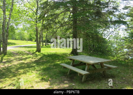 Lochiel Lake Provincial Park provides picnic tables in the woods and a sheltered lakeside spot to enjoy walking trails, boating and swimming Stock Photo