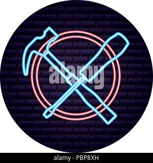 hammer and wrench tools brick wall neon design vector illustration Stock Vector