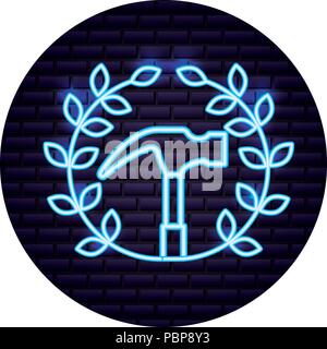 blue neon hammer tool emblem vector illustration Stock Vector