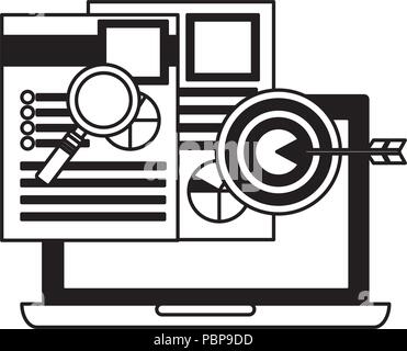 laptop document reports magnifying glass target marketing vector illustration monochrome Stock Vector