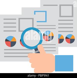 hand with documents files and magnifying glass vector illustration design Stock Vector