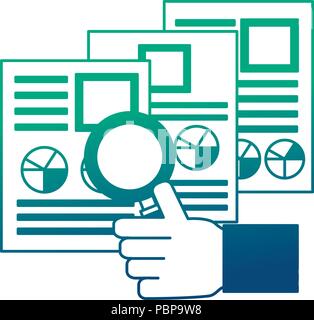 hand with documents files and magnifying glass vector illustration design Stock Vector