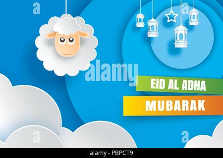 Eid Al Adha Mubarak celebration card with sheep in paper art blue background. Use for banner, poster, flyer, brochure sale template. Stock Vector