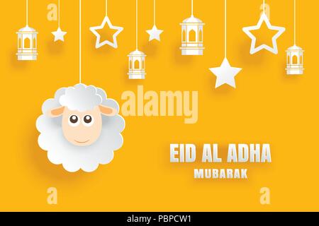 Eid Al Adha Mubarak celebration card with sheep in paper art yellow background. Use for banner, poster, flyer, brochure sale template. Stock Vector