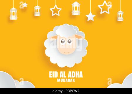 Eid Al Adha Mubarak celebration card with sheep in paper art yellow background. Use for banner, poster, flyer, brochure sale template. Stock Vector