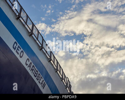 Close Up View of the Geo Caribbean Ships name painted onto the Hull of the Vessel. Amsterdam, The Netherlands. Stock Photo