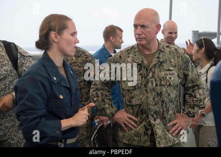 180720-N-GX781-0245 CARIBBEAN SEA (July 20, 2018) Cmdr. Fiona Halbritter, commanding officer of the Whidbey Island-Class Dock Landing Ship USS Gunston Hall (LSD 44), left, speaks to Adm. Kurt Tidd, commander, U.S. Southern Command, during a tour of the ship. The Gunston Hall is on deployment supporting Southern Seas, which is an annual collaborative deployment in the U.S. Southern Command area of responsibility where a task group will deploy to conduct a variety of exercises and multinational exchanges to enhance interoperability, increase regional stability, and build and maintain regional re Stock Photo