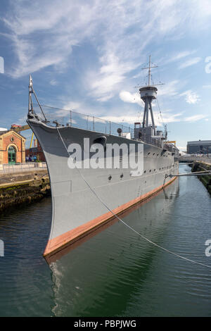 HMS Caroline in the Alexandra Dock, Belfast. The last survivor of the Battle of Jutland Stock Photo