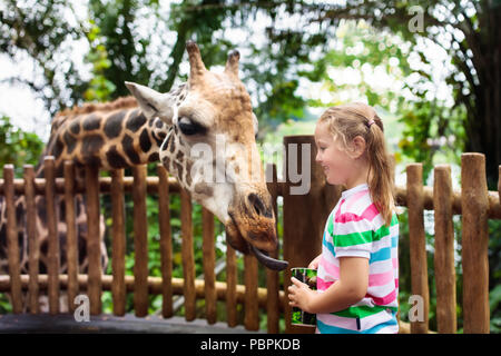 Family feeding giraffe in zoo. Children feed giraffes in tropical ...