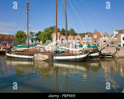 Traditional Dutch Barges Schuyt Moored Town Quay Binnenhaven Harbour Hoorn Holland Netherlands Stock Photo