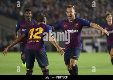 July 28, 2018: Barcelona midfielder Ivan Rakitic (4) celebrates his goal with Barcelona Rafinha (12) in the game between the FC Barcelona and Tottenham Hotspur, International Champions Cup, Rose Bowl, Pasadena, CA. USA. Photographer: Peter Joneleit Stock Photo