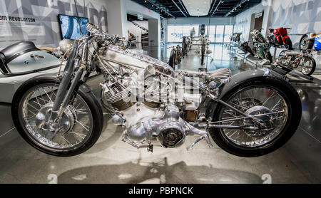 Los Angeles, California, USA. 28th July, 2018. 'Black' designed and built by Falcon Motorcycles of Los Angeles, is displayed as part of the 'Custom Revolution' exhibit at the Petersen Automotive Museum. The exhibit gathers the works of the most influential and alternative bike builders of the past ten years in one place for the first time ever. Credit: Brian Cahn/ZUMA Wire/Alamy Live News Stock Photo