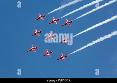 Sunderland, UK, 29 July 2018. The Red Arrows performing at the 2018 Sunderland International Airshow in Sunderland, England. The Red Arrows is the Royal Air Force's aerobatic display team. Credit: Stuart Forster/Alamy Live News Stock Photo