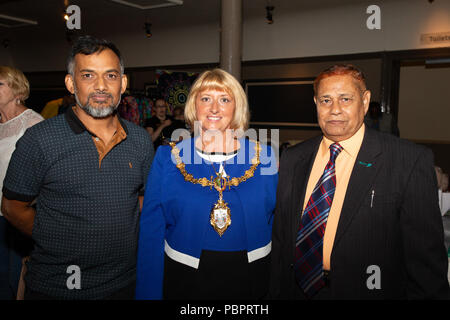 Warrington, UK, 29 July 2018.   Warrington Ethnic Communities Association (WECA) held its fifth annual MELA Festival. The usual walk from The Town Hall did not take place due to the wet and windy weather and the event that should have been held in the Queen’s Gardens at Palmyra Square, close to the Town Centre, was changed to inside the Parr Hall building Stock Photo