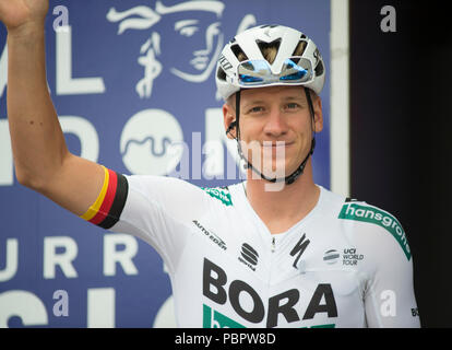 Horse Guards Parade, London, UK. 29 July, 2018. Britain’s only men’s UCI WorldTour race lines up for race start in central London, the top riders are presented to spectators. Photo: German Champion Pascal Ackermann of Bora Hansgrohe Team, the eventual race winner. Credit: Malcolm Park/Alamy Live News. Stock Photo